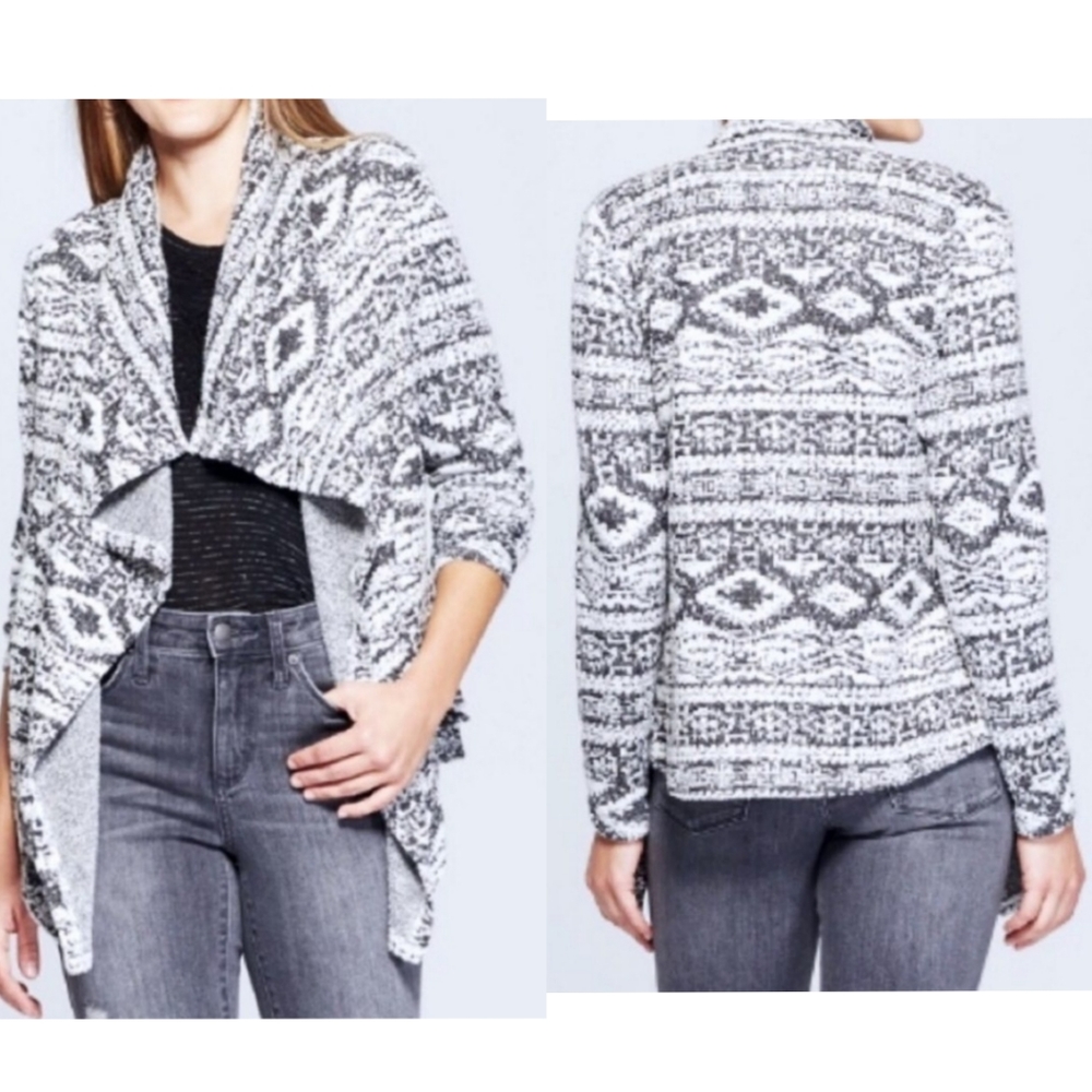 Knox Rose Boho Fuzzy Aztec Pattern Waterfall Drape Front Open Cardigan MEDIUM